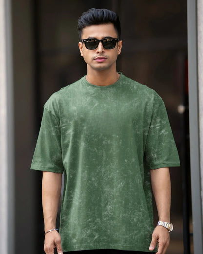 Men’s Bottle Green Acid-Washed Oversized T-Shirt – Vintage Fade By OyeTrendy