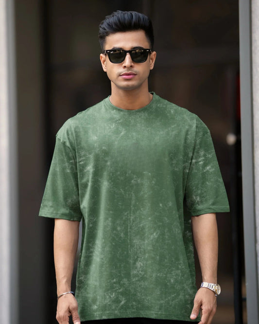 Men’s Bottle Green Acid-Washed Oversized T-Shirt – Vintage Fade By OyeTrendy