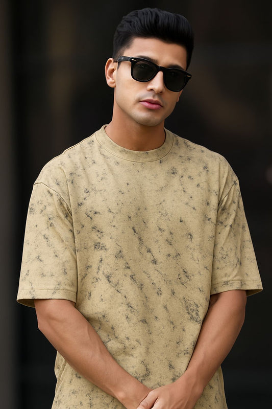 Men’s Sandy Crème Acid-Washed Oversized T-Shirt – Vintage Fade By OyeTrendy